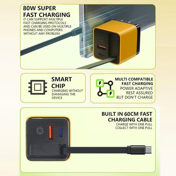 🔥3 in 1 GaN Charger,Scalable 80W MAX fast charger module with Type-C cable and 1 USB ports