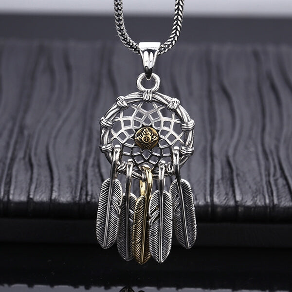 Sterling Silver Feather Dreamcatcher Pendant Necklace
