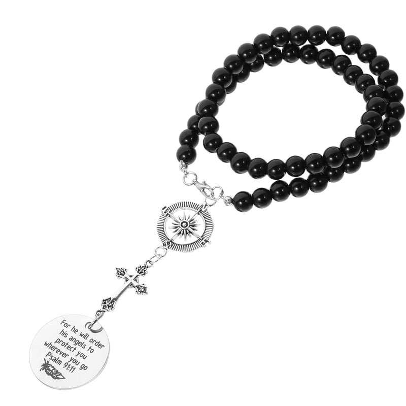 ✨Car Hanging Ornament ✝️ Guardian Angel Cross Compass Beaded Necklace – Christian Gift for Protection & Blessing