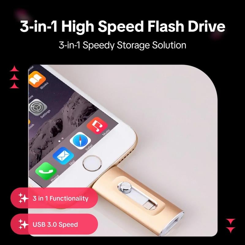 ⚡⚡3 in 1 Flash Drive, Portable High Speed USB 3.0 Memory Storage, OTG Flash Pen Drive with Free Type-C Adapter for Android Phones/PC and More Devices