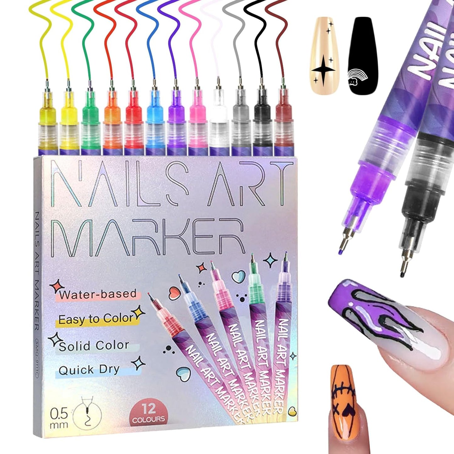 💅12 Colors Nail Art Pens Set – Fine Tip, Water-Based, Quick Dry
