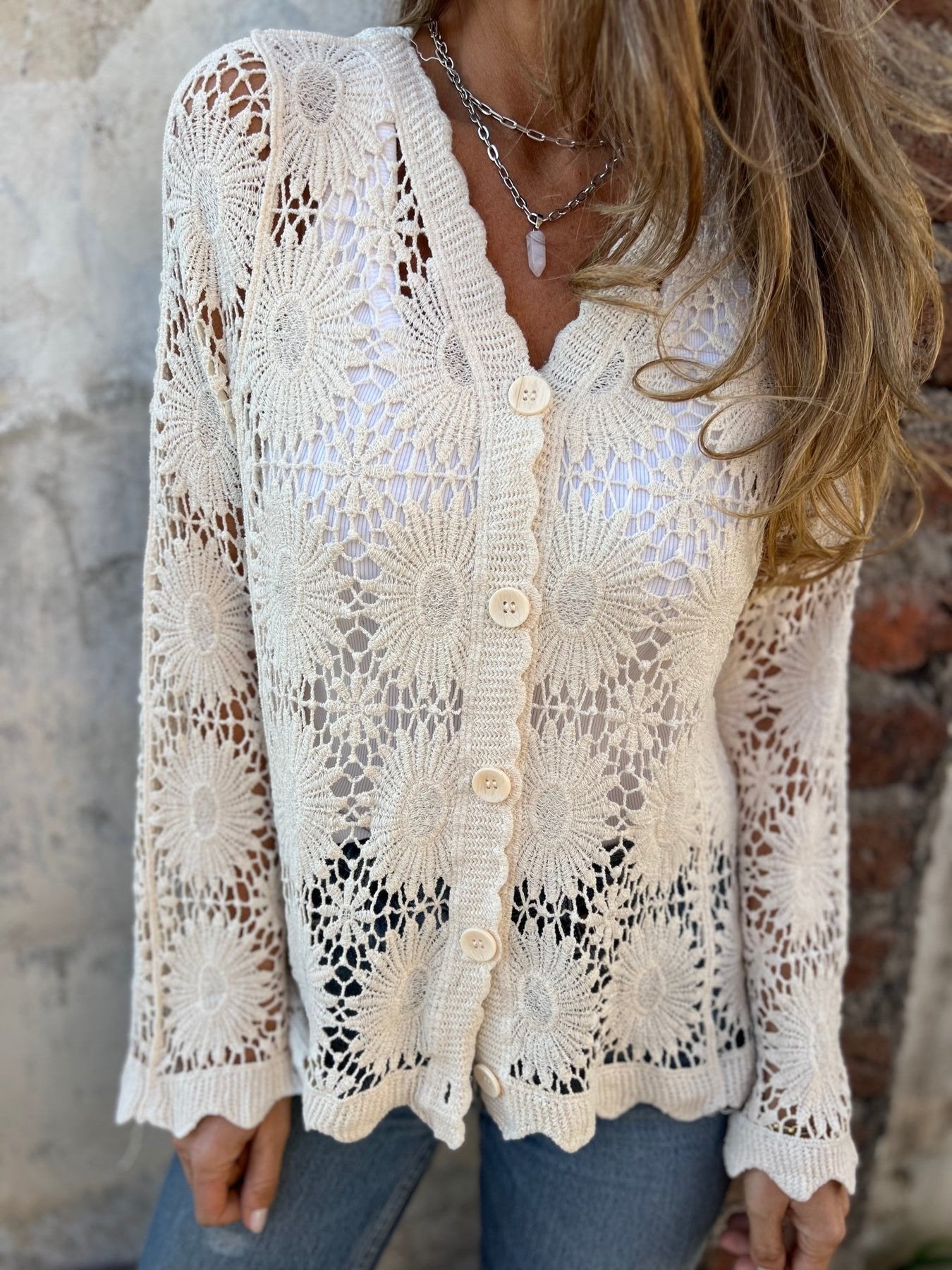 🏆Flash Sale⚡ 50K+ SOLD! Almost Gone-💥Cutout Embroidered V-Neck Button Long Sleeve Top,Best gifts