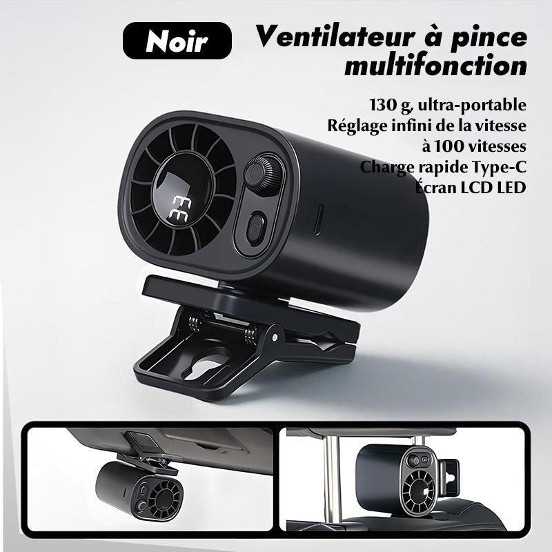 Ventilateur portable à clip pour voiture, écran LCD, rotatif à 360°, 100 vitesses