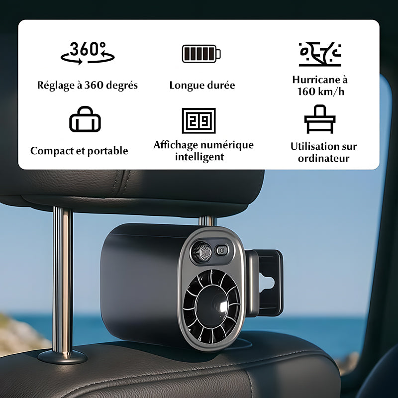 Ventilateur portable à clip pour voiture, écran LCD, rotatif à 360°, 100 vitesses