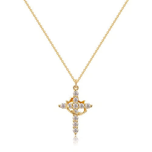 ๐๐ Paved Cross Rotatable Crown Charm Necklace