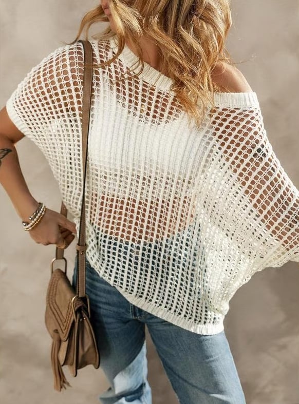 Womens Summer Scoop Neck Short Sleeve Sweater Casual Crochet Hollow Out Knit Tops Pullover Shirts Beach Coverup