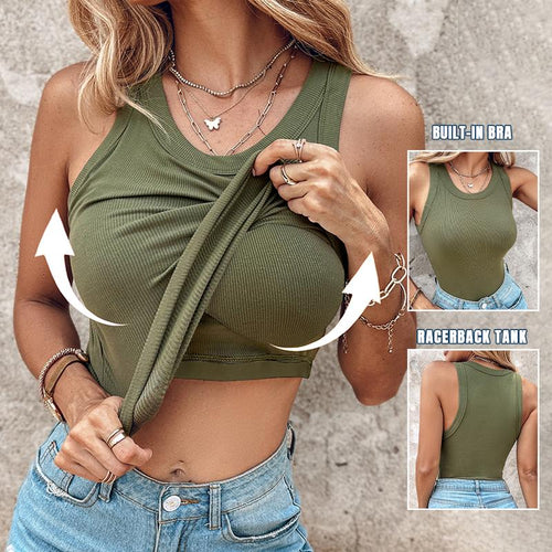💕Round Neck Built-in Bra Ribbed Tank Top Fit Casual Comfortable