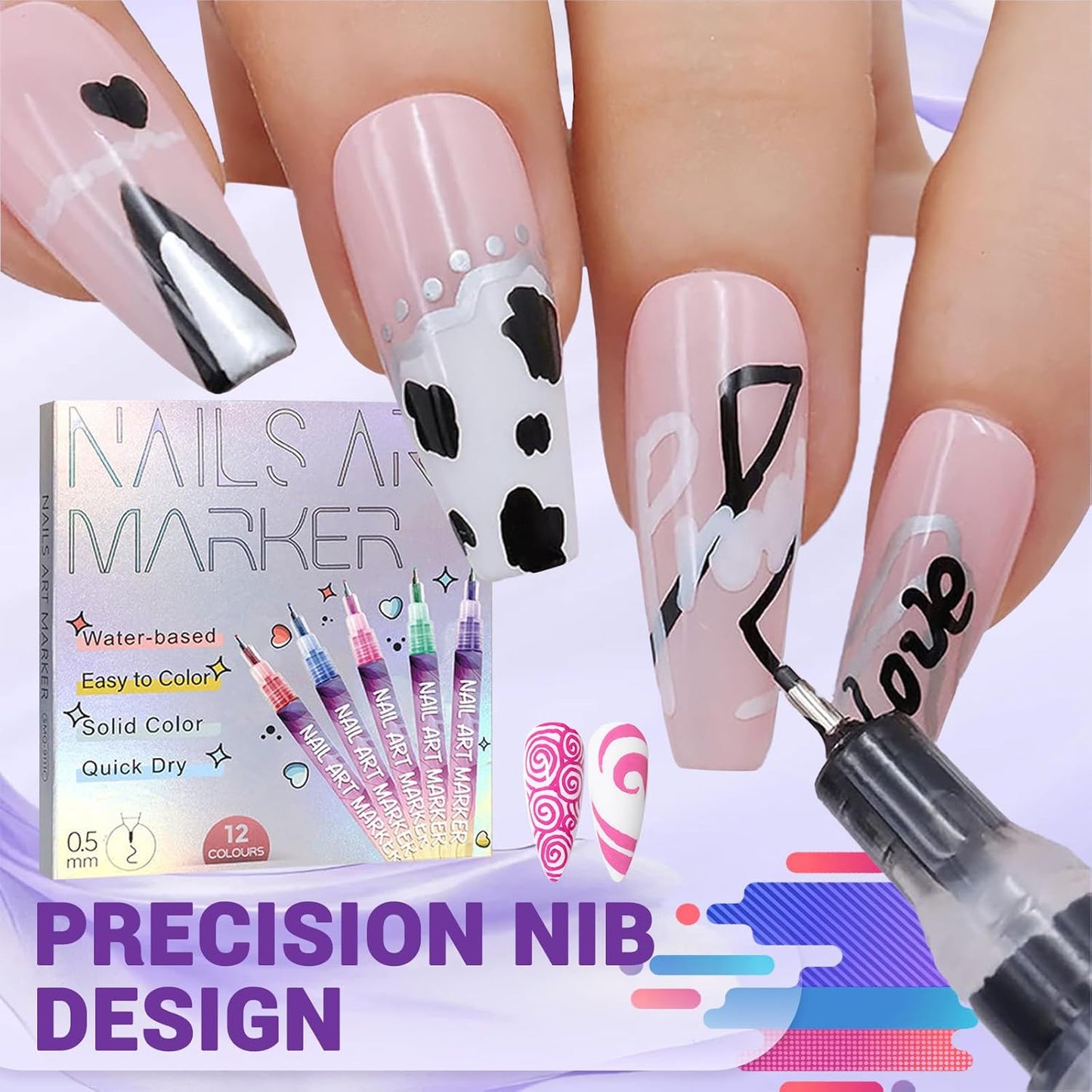 💅12 Colors Nail Art Pens Set – Fine Tip, Water-Based, Quick Dry