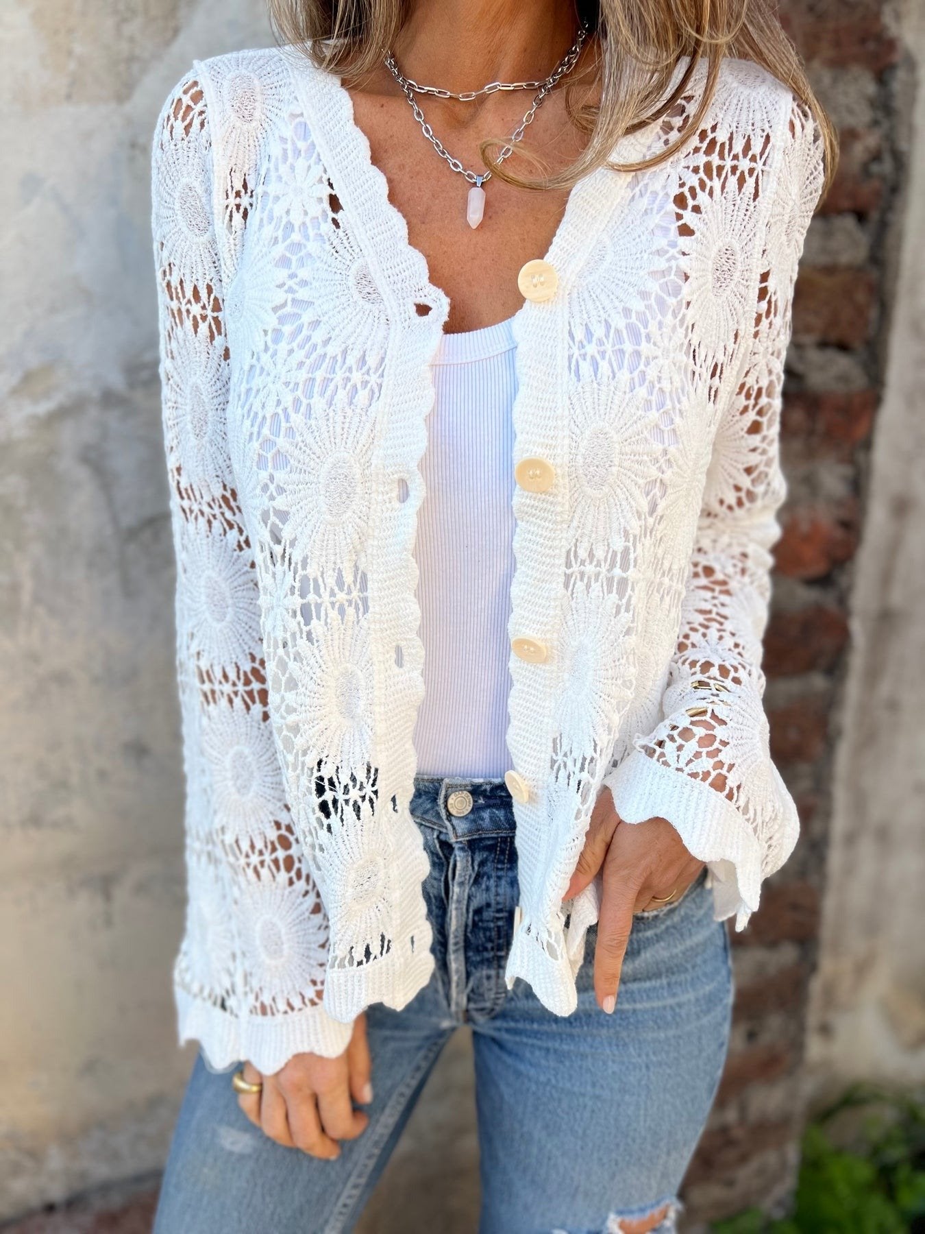 🏆Flash Sale⚡ 50K+ SOLD! Almost Gone-💥Cutout Embroidered V-Neck Button Long Sleeve Top,Best gifts