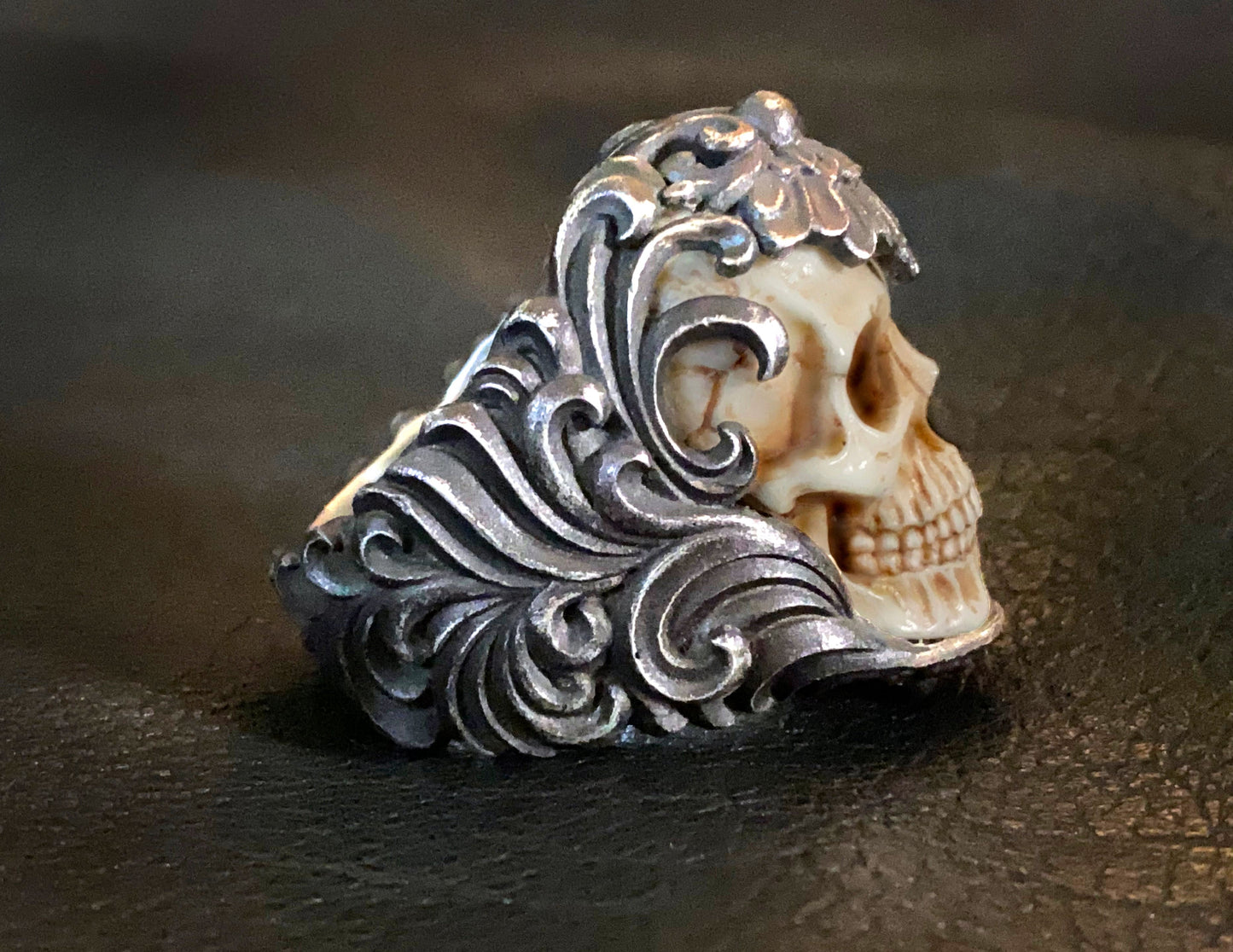 Vintage Polish Floral Armor Antler Skull Ring
