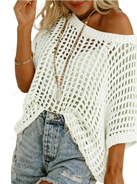 Womens Summer Scoop Neck Short Sleeve Sweater Casual Crochet Hollow Out Knit Tops Pullover Shirts Beach Coverup