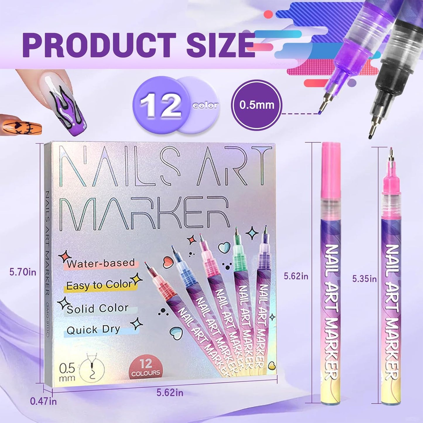 💅12 Colors Nail Art Pens Set – Fine Tip, Water-Based, Quick Dry