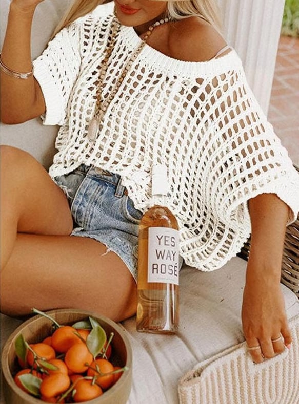 Womens Summer Scoop Neck Short Sleeve Sweater Casual Crochet Hollow Out Knit Tops Pullover Shirts Beach Coverup