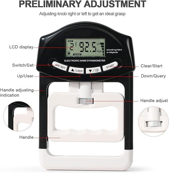 Hand Dynamometer Grip Strength Tester – 198 lbs/90 kg Digital Hand Strength Trainer