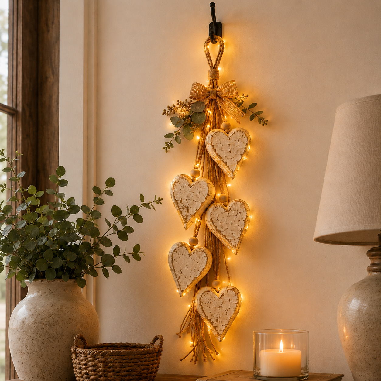 đ¤ LED Hanging Heart Wall Decor â Warm Glowing Rustic Home Accent â¨