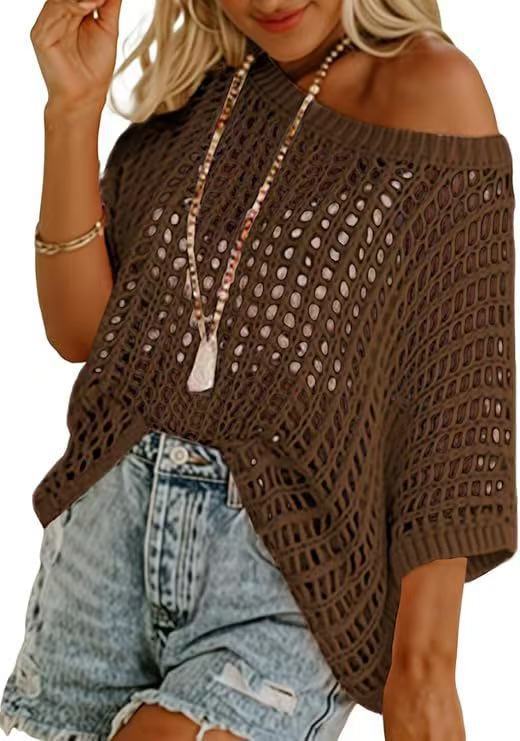 Womens Summer Scoop Neck Short Sleeve Sweater Casual Crochet Hollow Out Knit Tops Pullover Shirts Beach Coverup