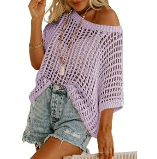 Womens Summer Scoop Neck Short Sleeve Sweater Casual Crochet Hollow Out Knit Tops Pullover Shirts Beach Coverup