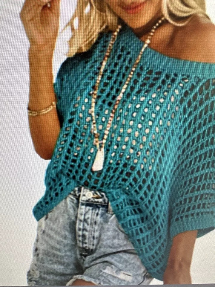 Womens Summer Scoop Neck Short Sleeve Sweater Casual Crochet Hollow Out Knit Tops Pullover Shirts Beach Coverup