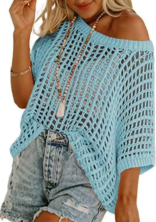 Womens Summer Scoop Neck Short Sleeve Sweater Casual Crochet Hollow Out Knit Tops Pullover Shirts Beach Coverup