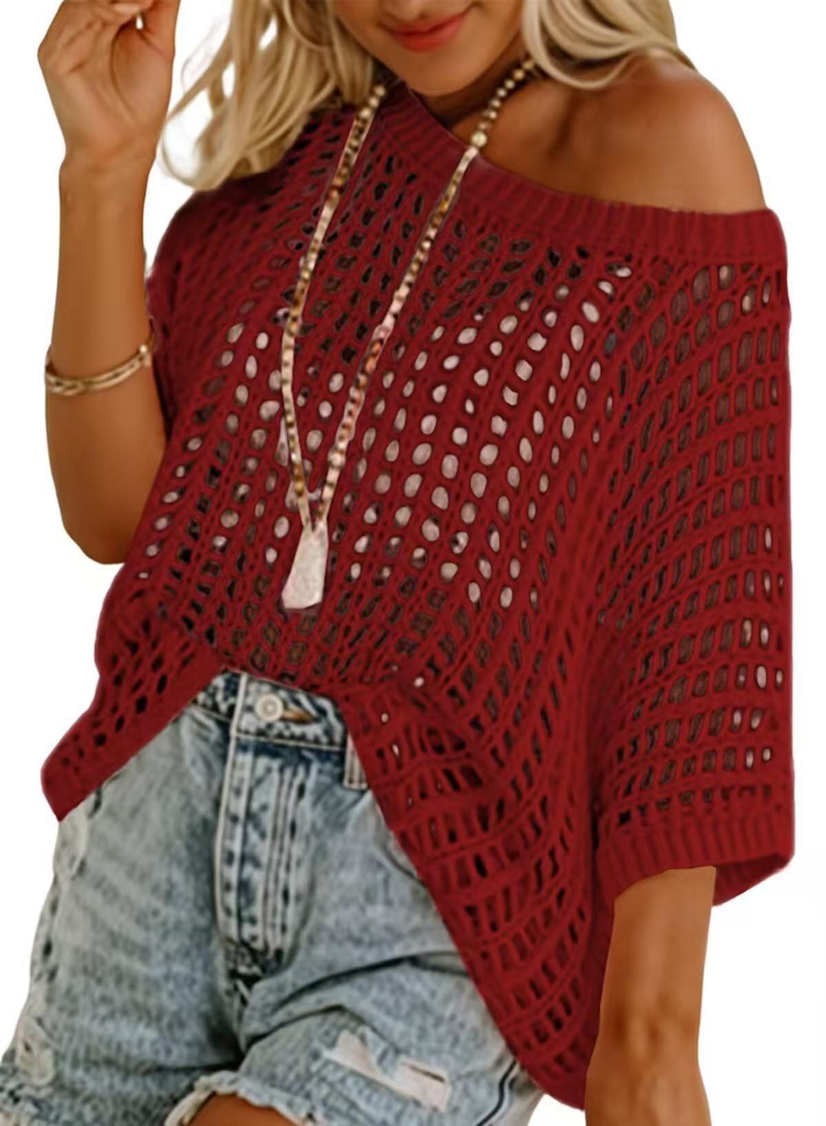 Womens Summer Scoop Neck Short Sleeve Sweater Casual Crochet Hollow Out Knit Tops Pullover Shirts Beach Coverup