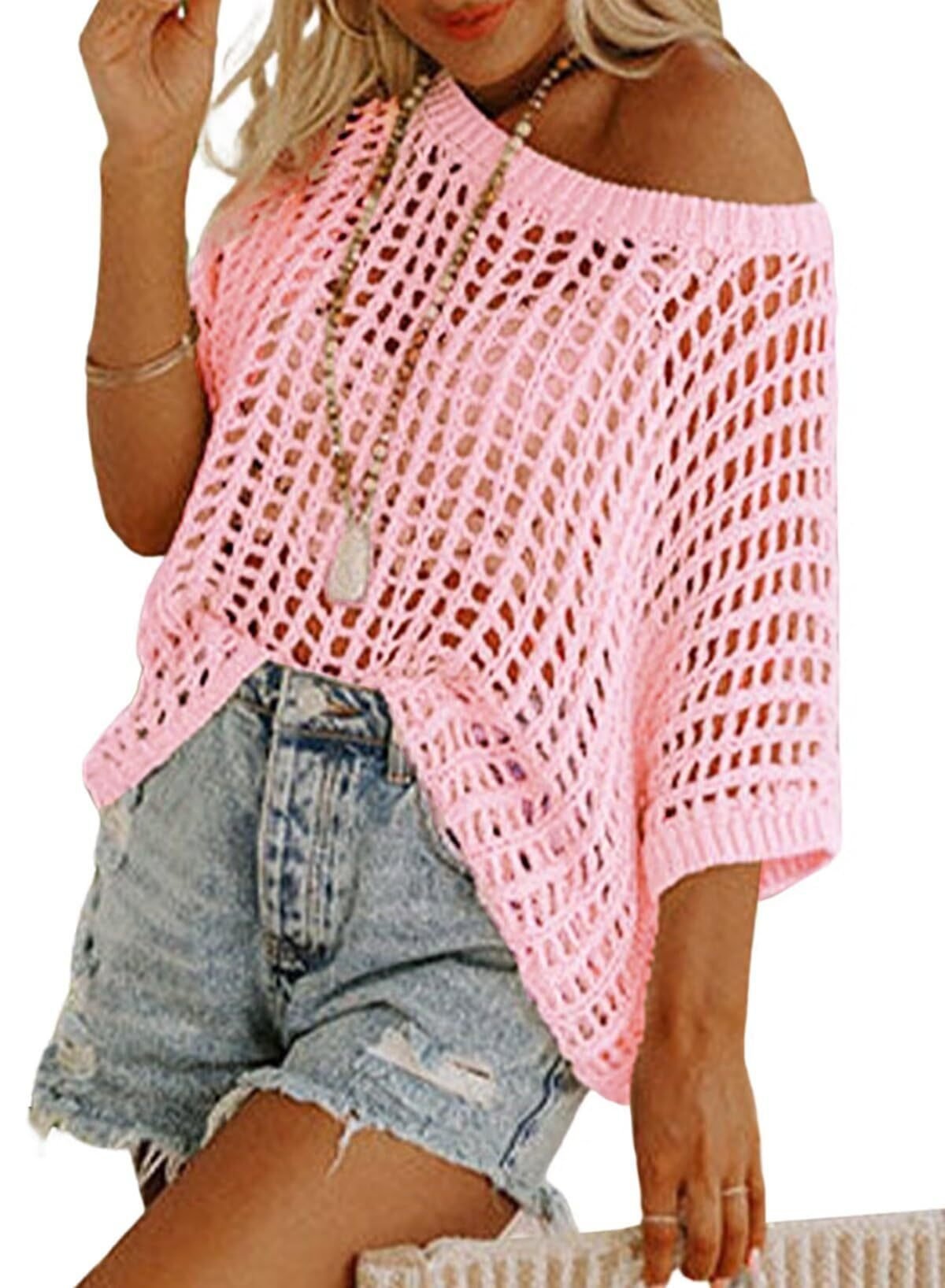 Womens Summer Scoop Neck Short Sleeve Sweater Casual Crochet Hollow Out Knit Tops Pullover Shirts Beach Coverup