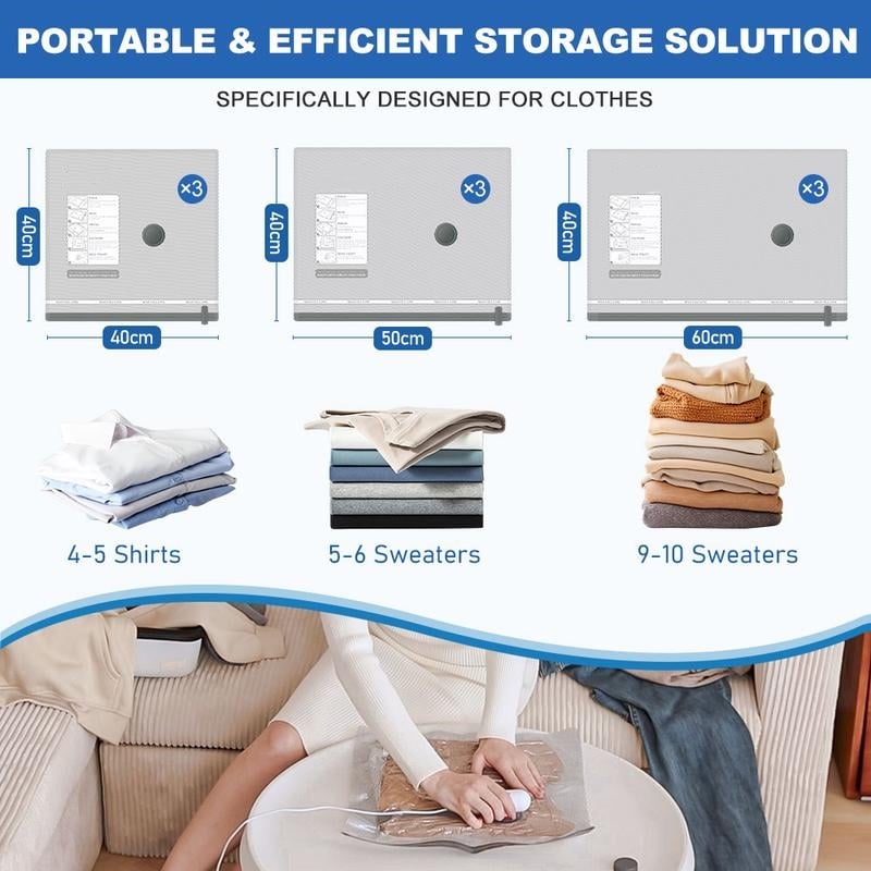 ✨🔥9 Pack Lightweight Travel Bags with USB Electric Pump | Compact Vacuum Storage Bags for Clothes | Space Saver Compression Bags for Travel