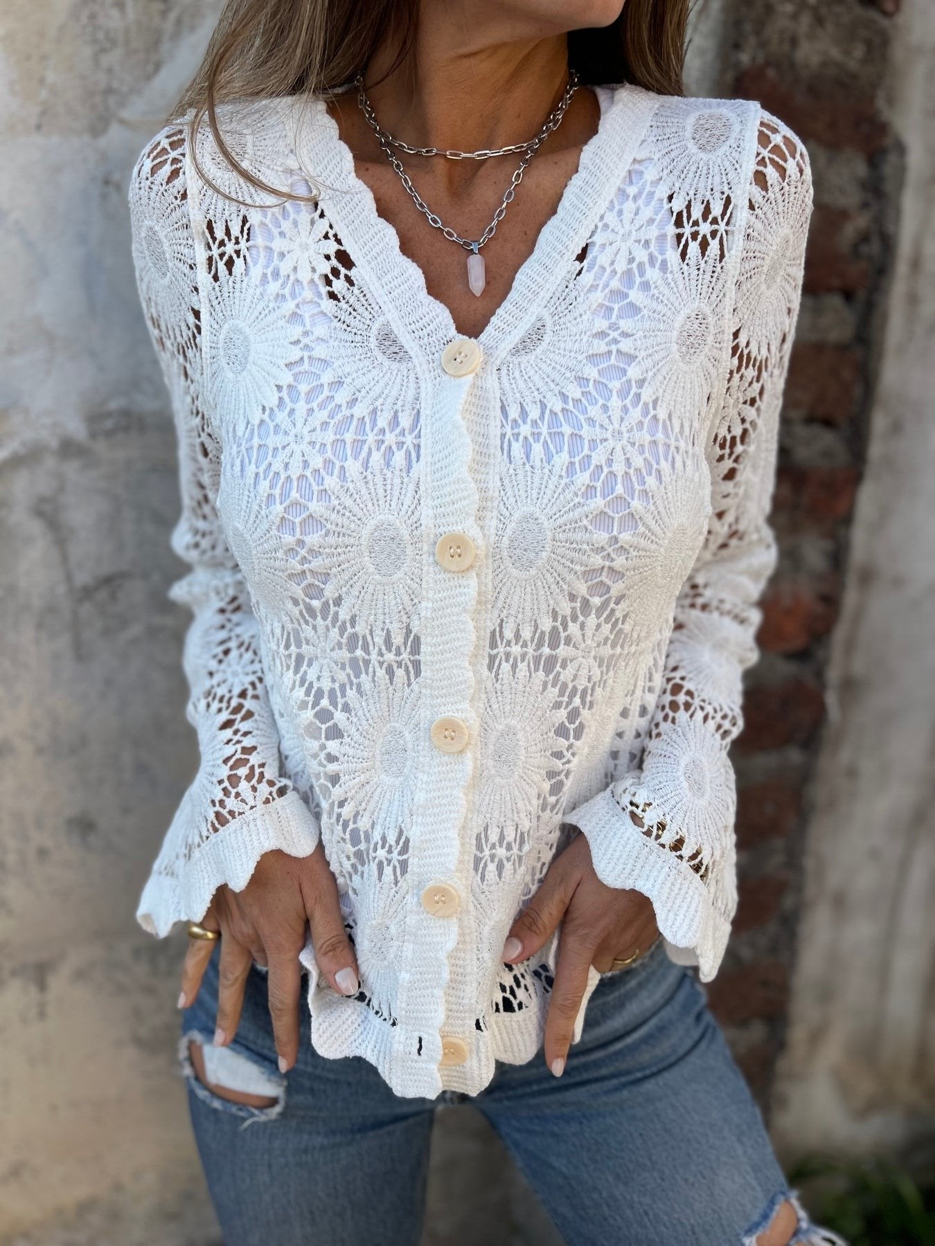 🏆Flash Sale⚡ 50K+ SOLD! Almost Gone-💥Cutout Embroidered V-Neck Button Long Sleeve Top,Best gifts