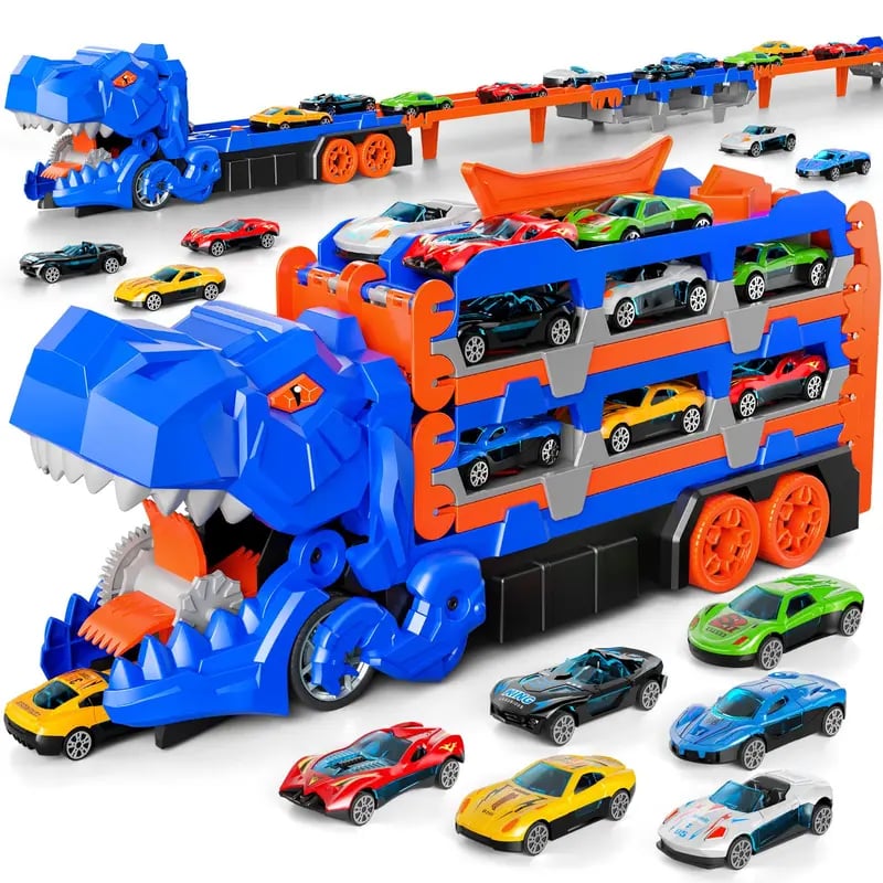 Dinosaur Transport Truck Toy Set with 12 Die-Cast Cars