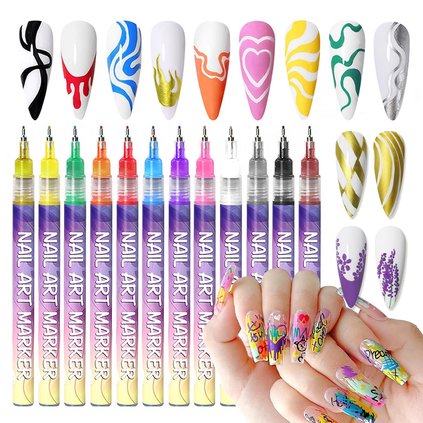 💅12 Colors Nail Art Pens Set – Fine Tip, Water-Based, Quick Dry