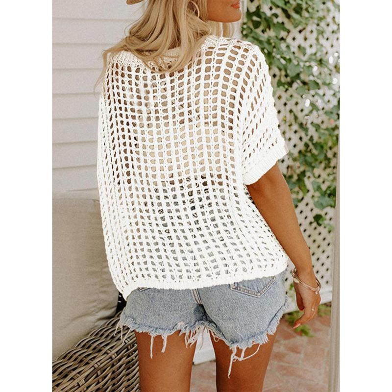 Womens Summer Scoop Neck Short Sleeve Sweater Casual Crochet Hollow Out Knit Tops Pullover Shirts Beach Coverup