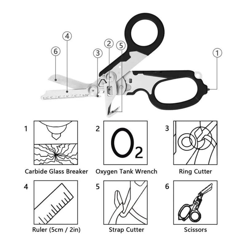 Multifunctional foldable trauma scissors.