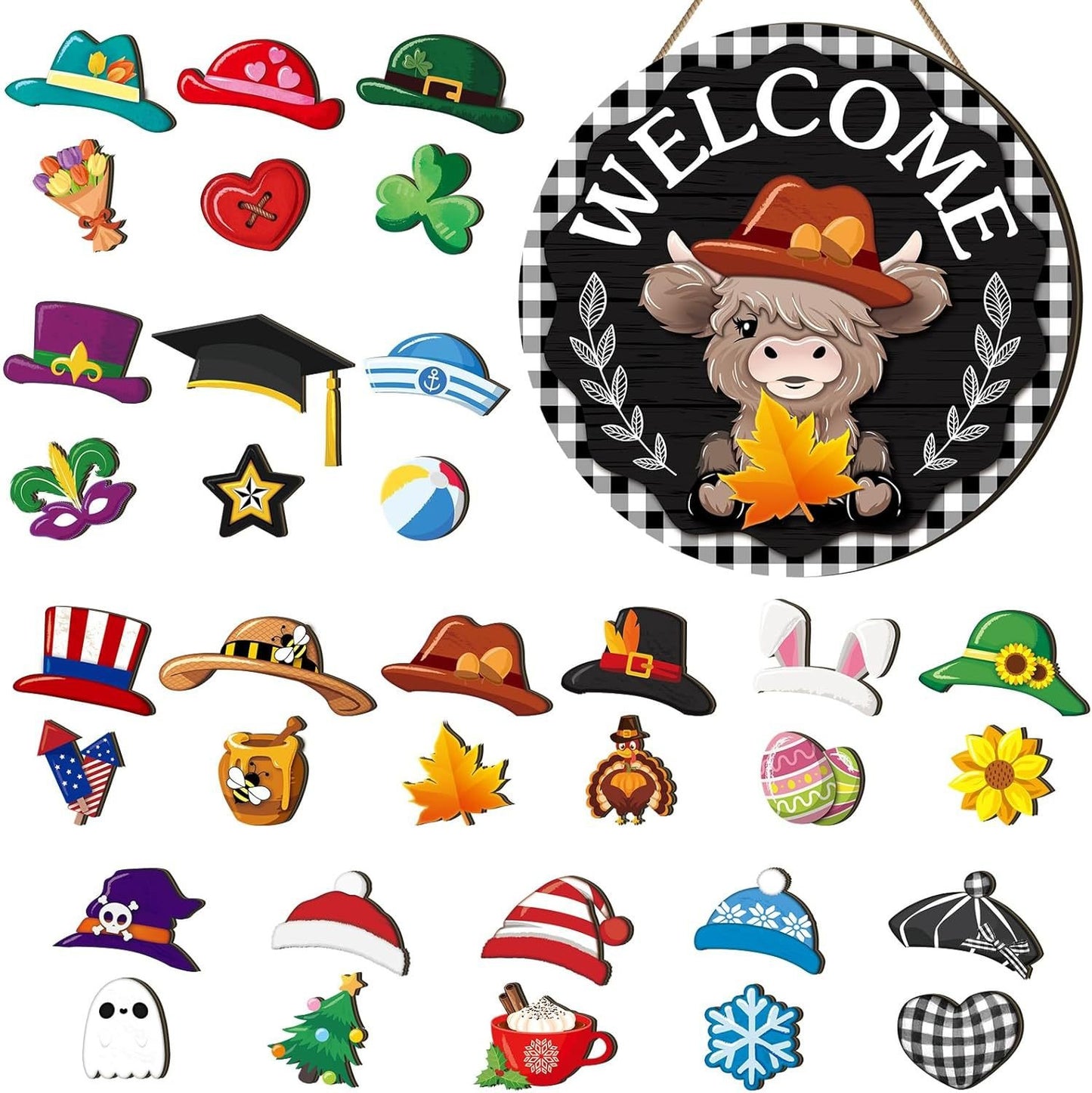 🪧 35pcs Interchangeable Welcome Sign Highland Cow Sign