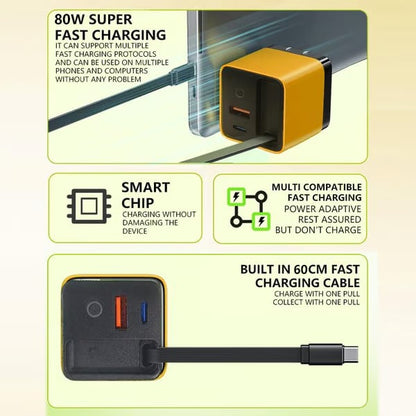 🔥3 in 1 GaN Charger,Scalable 80W MAX fast charger module with Type-C cable and 1 USB ports