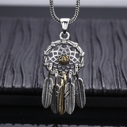 Sterling Silver Feather Dreamcatcher Pendant Necklace