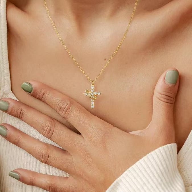 👑💎 Paved Cross Rotatable Crown Charm Necklace
