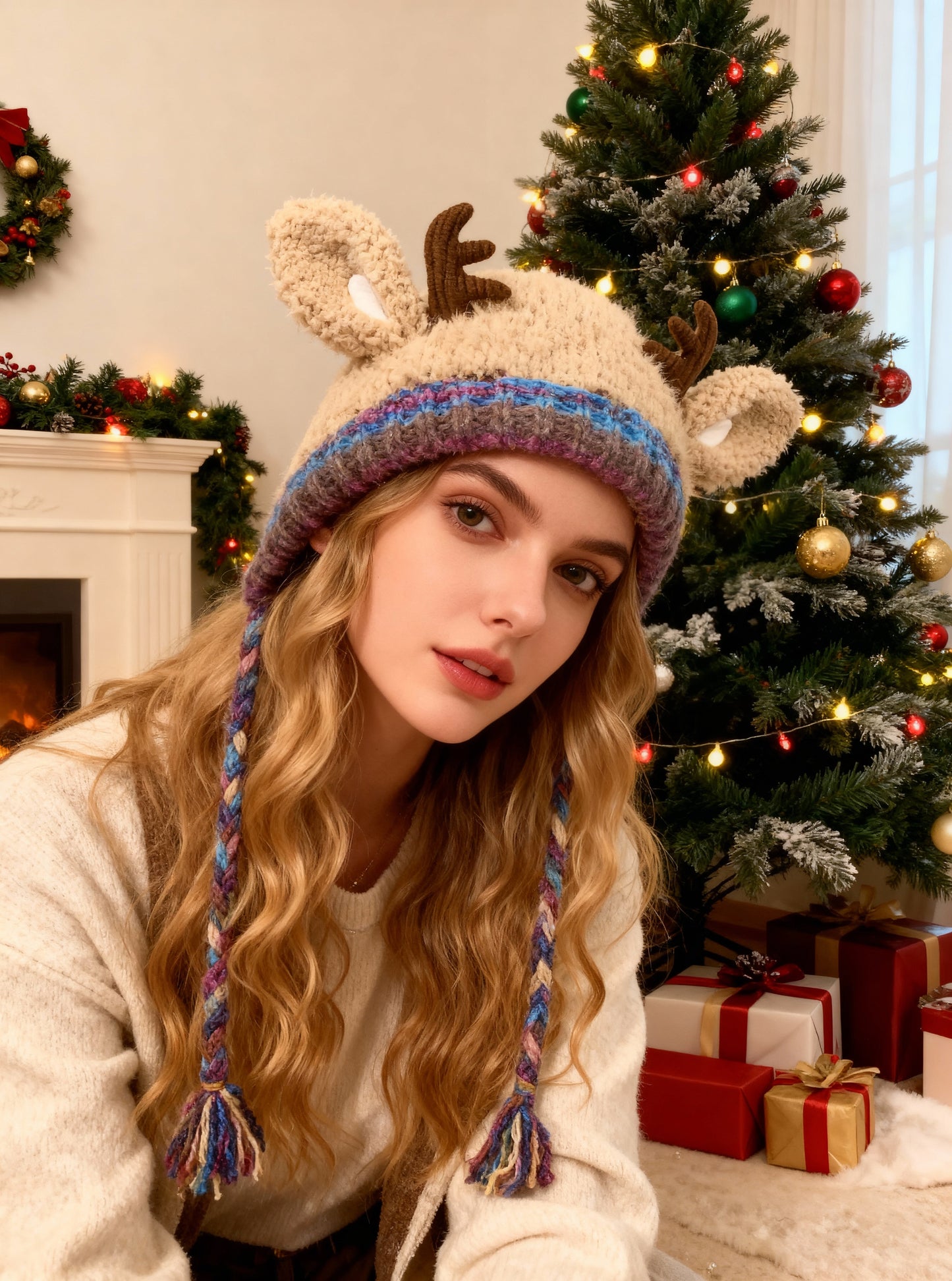 🎄🦌Handmade Knitted Christmas Antler Beanie🧶