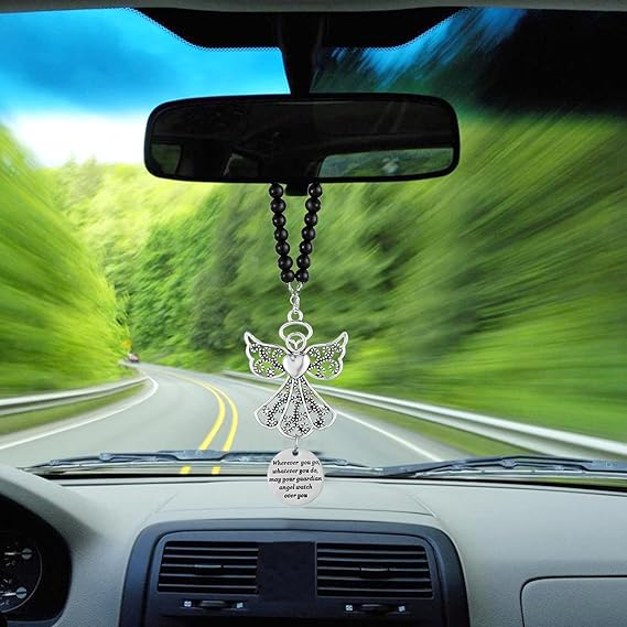 ✨Car Hanging Ornament ✝️ Guardian Angel Cross Compass Beaded Necklace – Christian Gift for Protection & Blessing