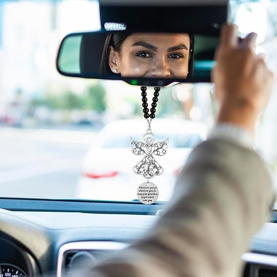 ✨Car Hanging Ornament ✝️ Guardian Angel Cross Compass Beaded Necklace – Christian Gift for Protection & Blessing