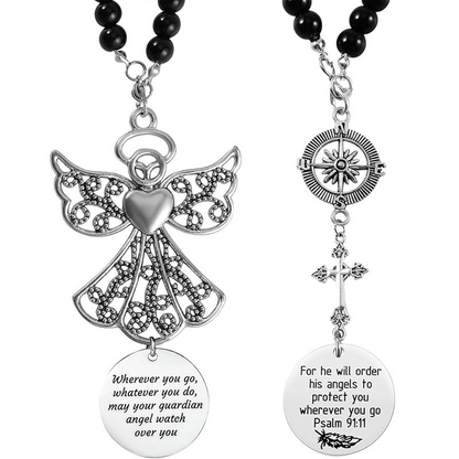 ✨Car Hanging Ornament ✝️ Guardian Angel Cross Compass Beaded Necklace – Christian Gift for Protection & Blessing