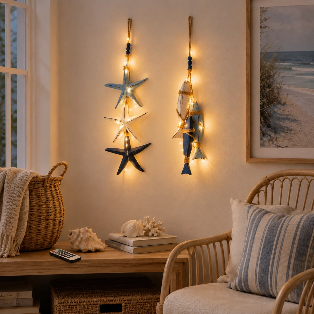 🐠✨23.2 in × 6.7 in Lighted Coastal Wooden Starfish & Fish Hanging Decor