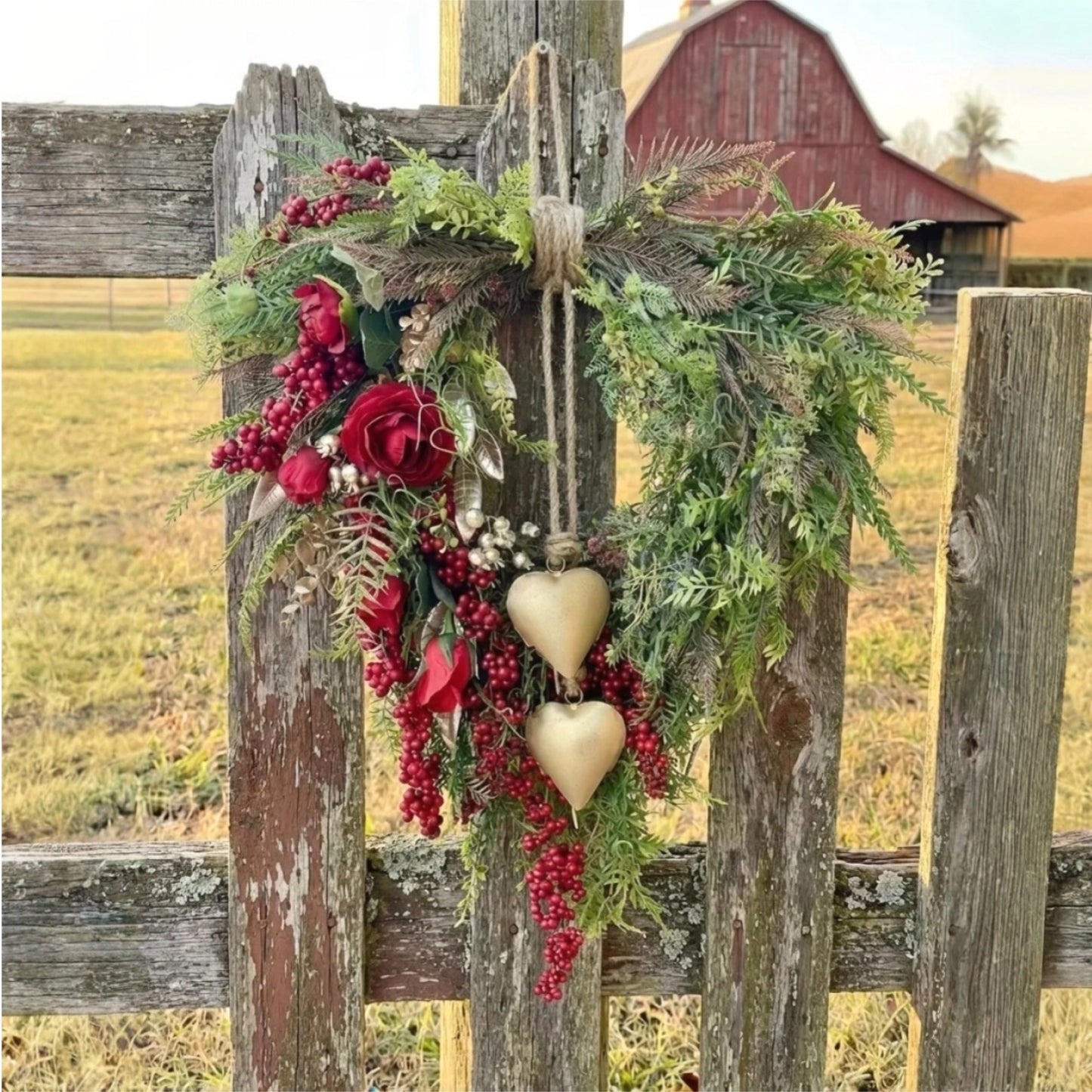 ❤️ Mother's Day Farmhouse Heart Wreath: Gold Bells, Red Roses & Berries🎉