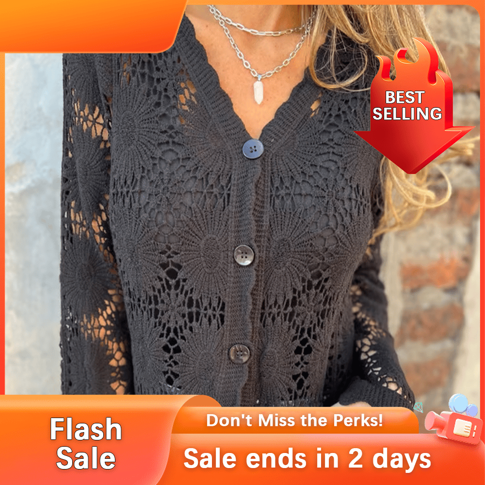 🏆Flash Sale⚡ 50K+ SOLD! Almost Gone-💥Cutout Embroidered V-Neck Button Long Sleeve Top,Best gifts