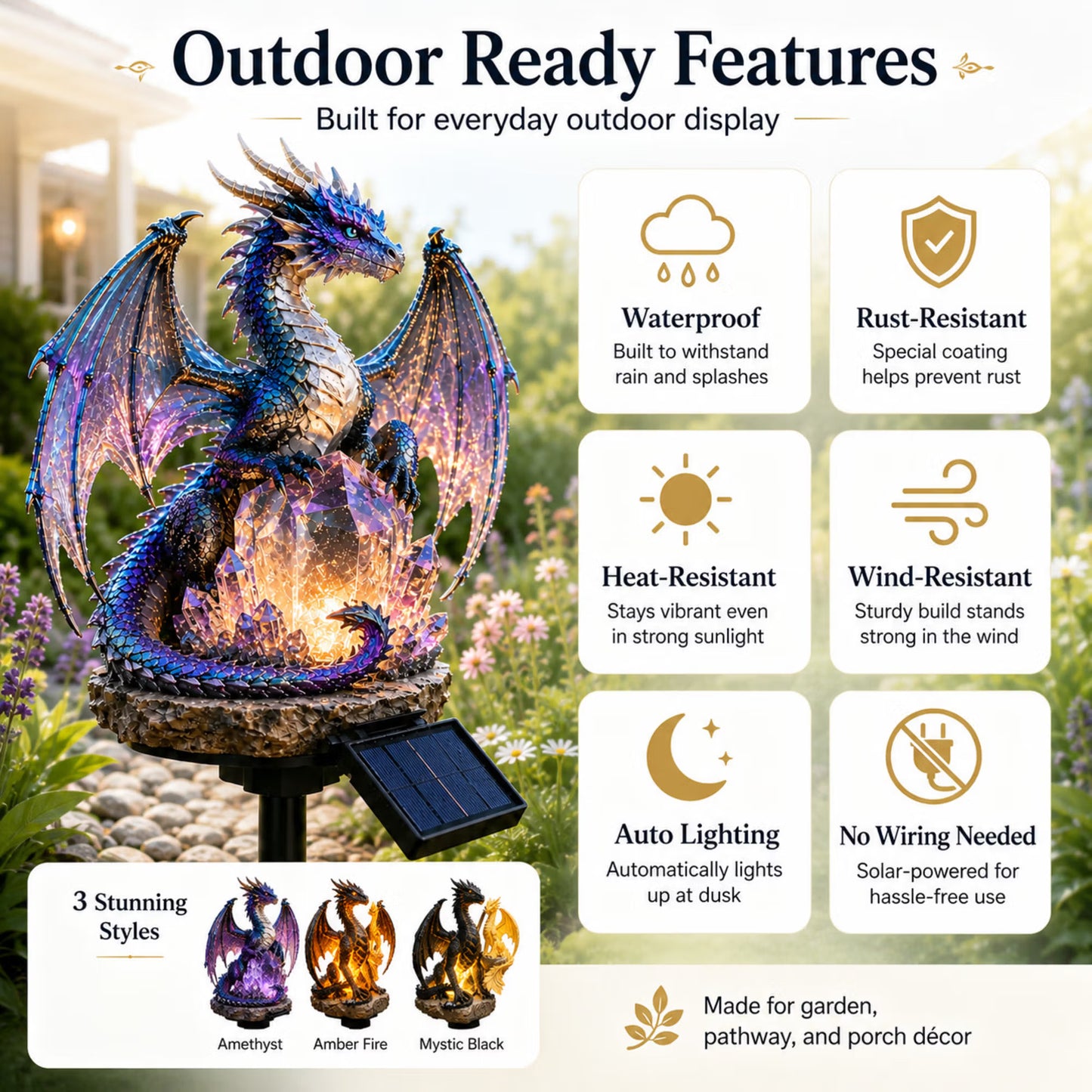 🎁 Dragon Lover's Gift 🐉 Solar LED Dragon Statue – Waterproof Garden & Patio Ornament