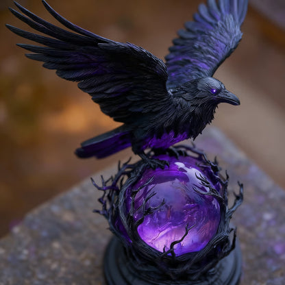 “Raven's Moonlight” Gothic LED Lamp – Mysterious Crow on Glowing Orb Sculpture