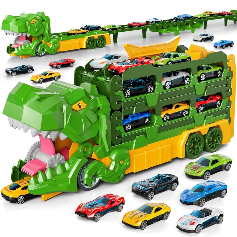 Dinosaur Transport Truck Toy Set with 12 Die-Cast Cars