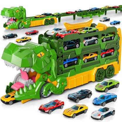 Dinosaur Transport Truck Toy Set with 12 Die-Cast Cars