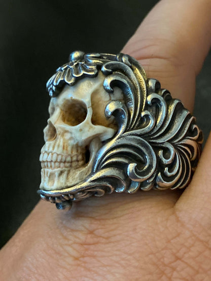 Vintage Polish Floral Armor Antler Skull Ring