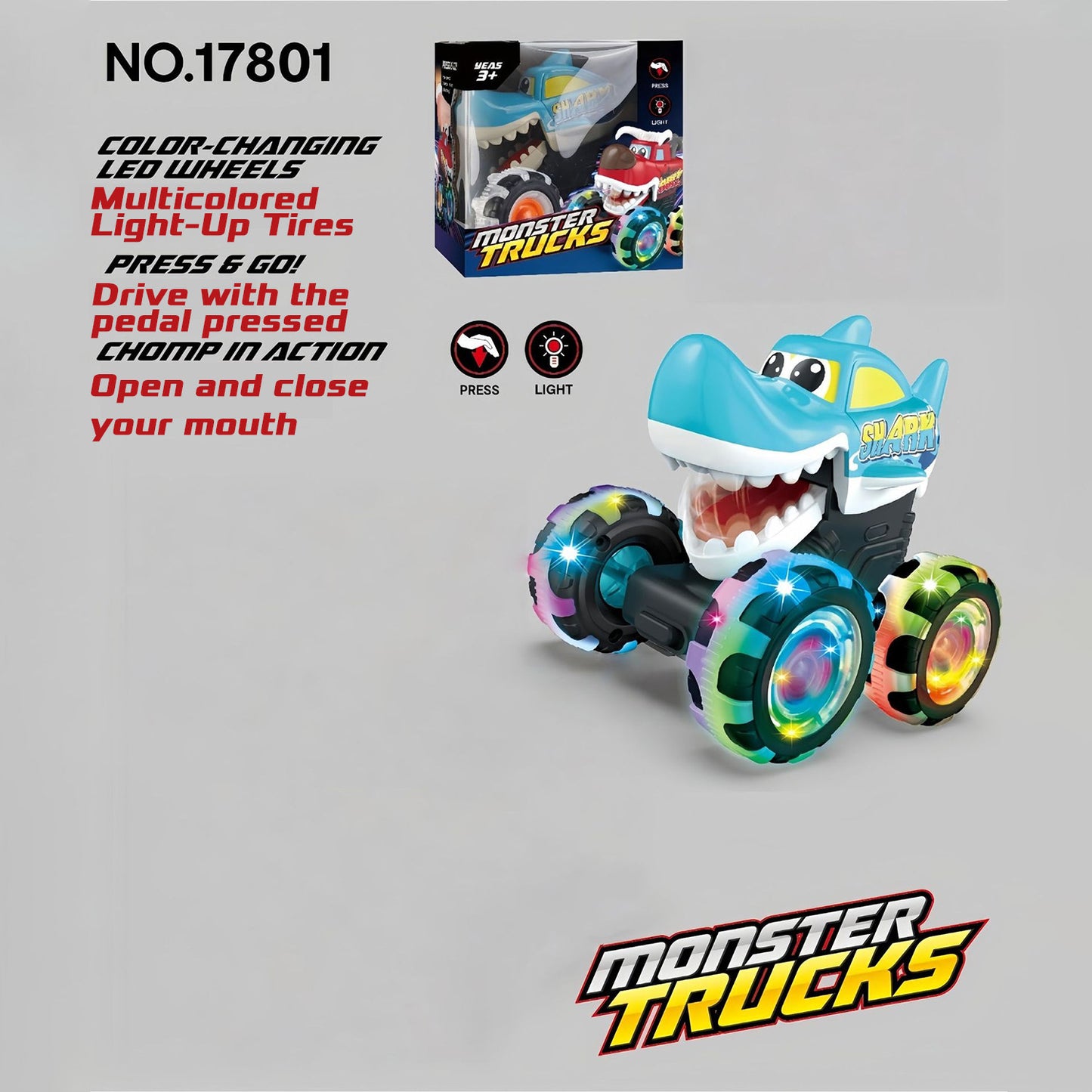 🔥 Hot Selling 🦖 Light-Up Monster Truck – Press & Go Stunt Car for Kids 🚗