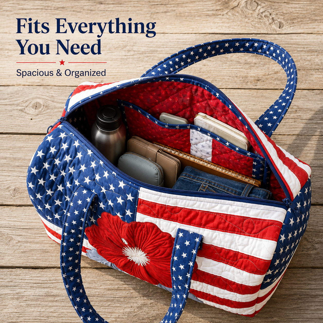 🦅👜Handcrafted American Flag Quilted Tote – 3D Floral Patriotic Shoulder Bag🌸
