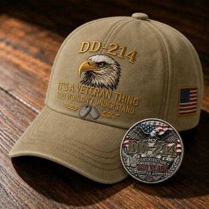 🧢 DD-214 Veteran 3D Embroidered Cap - “IT'S A VETERAN THING YOU WOULDN'T UNDERSTAND”🎁 Free Honor Coin With Every Cap Purchase